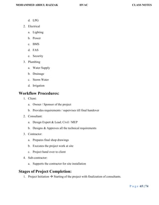 MOHAMMED ABDUL RAZZAK HVAC CLASS NOTES
P a g e 65 | 74
d. LPG
2. Electrical
a. Lighting
b. Power
c. BMS
d. FAS
e. Security
3. Plumbing
a. Water Supply
b. Drainage
c. Storm Water
d. Irrigation
Workflow Procedures:
1. Client:
a. Owner / Sponsor of the project
b. Provides requirements / supervises till final handover
2. Consultant:
a. Design Expert & Lead; Civil / MEP
b. Designs & Approves all the technical requirements
3. Contractor:
a. Prepares final shop drawings
b. Executes the project work at site
c. Project hand over to client
4. Sub-contractor:
a. Supports the contractor for site installation
Stages of Project Completion:
1. Project Initiation  Starting of the project with finalization of consultants.
 