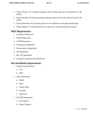 MOHAMMED ABDUL RAZZAK HVAC CLASS NOTES
P a g e 66 | 74
2. Project Design  Consultants prepares all the design drawings & calculations of the
project.
3. Project Drafting  Contractor prepares and gets approval for all the shop drawings of the
project.
4. Project Installation  Contractors goes for site installation as the approved drawings.
5. Project Handover  Project Handover to client after commissioning of the project.
MEP Departments:
1. Estimation Department
2. Design Department
3. CADD Department
4. Procurement Department
5. Documentation Department
6. Site Department
7. QA / QC Department
8. Testing & Commissioning Department
Site Installation Department:
1. Engineering Department:
a. Civil
b. MEP
2. Labor Department:
a. Helper
b. Labor
c. Charge Hand
d. Foreman
e. Supervisor
3. Site Staff Department:
a. Site Engineer
b. Project Engineer
 
