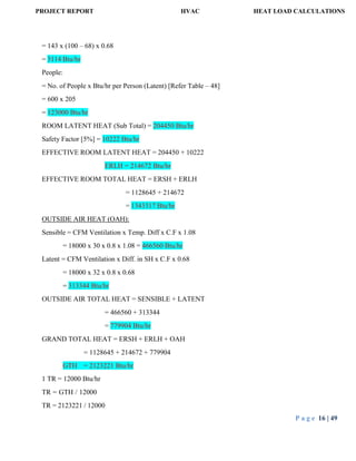 PROJECT REPORT HVAC HEAT LOAD CALCULATIONS
P a g e 16 | 49
= 143 x (100 – 68) x 0.68
= 3114 Btu/hr
People:
= No. of People x Btu/hr per Person (Latent) [Refer Table – 48]
= 600 x 205
= 123000 Btu/hr
ROOM LATENT HEAT (Sub Total) = 204450 Btu/hr
Safety Factor [5%] = 10222 Btu/hr
EFFECTIVE ROOM LATENT HEAT = 204450 + 10222
ERLH = 214672 Btu/hr
EFFECTIVE ROOM TOTAL HEAT = ERSH + ERLH
= 1128645 + 214672
= 1343317 Btu/hr
OUTSIDE AIR HEAT (OAH):
Sensible = CFM Ventilation x Temp. Diff x C.F x 1.08
= 18000 x 30 x 0.8 x 1.08 = 466560 Btu/hr
Latent = CFM Ventilation x Diff. in SH x C.F x 0.68
= 18000 x 32 x 0.8 x 0.68
= 313344 Btu/hr
OUTSIDE AIR TOTAL HEAT = SENSIBLE + LATENT
= 466560 + 313344
= 779904 Btu/hr
GRAND TOTAL HEAT = ERSH + ERLH + OAH
= 1128645 + 214672 + 779904
GTH = 2123221 Btu/hr
1 TR = 12000 Btu/hr
TR = GTH / 12000
TR = 2123221 / 12000
 