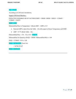 PROJECT REPORT HVAC HEAT LOAD CALCULATIONS
P a g e 17 | 49
TR = 176.93
According to E-20 Form Calculations,
Supply CFM from Machine:-
EFFECTIVE SENSIBLE HEAT FACTOR (ESHF) = ERSH / ERSH + ERLH = 1128645 /
1128645 + 214672
ESHF = 0.84
Dehumidified Rise in Temperature = (Room DBT – ADP) x C.F
 Selected ADP is taken from the Table – 66 with respect to Room Temperature and ESHF.
 ADP = 53 o
F (Refer Table – 66)
Dehumidified Rise = (76 – 53) x 0.8 = 18.40 o
F
Dehumidified Air Quantity (DAQ) = ERSH / Dehumidified Rise x 1.08
DAQ = 1128645 / 18.4 x 1.08
DAQ = 56796 CFM (Total Air)
= 56796 X 0.47
DAQ = 26694 L/S
 