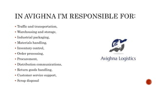  Traffic and transportation,
 Warehousing and storage,
 Industrial packaging,
 Materials handling,
 Inventory control,
 Order processing,
 Procurement,
 Distribution communications,
 Return goods handling,
 Customer service support,
 Scrap disposal
 