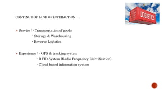  Service : - Transportation of goods
- Storage & Warehousing
- Reverse Logistics
 Experience : - GPS & tracking system
- RFID System (Radio Frequency Identification)
- Cloud based information system
 