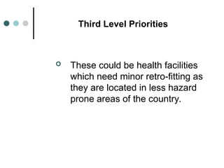 Third Level Priorities
 These could be health facilities
which need minor retro-fitting as
they are located in less hazard
prone areas of the country.
 
