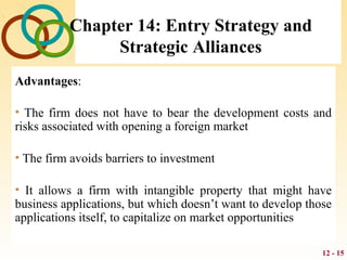 12 - 15
Chapter 14: Entry Strategy and
Strategic Alliances
Advantages:
• The firm does not have to bear the development costs and
risks associated with opening a foreign market
• The firm avoids barriers to investment
• It allows a firm with intangible property that might have
business applications, but which doesn’t want to develop those
applications itself, to capitalize on market opportunities
 
