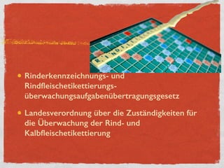 Rinderkennzeichnungs- und
Rindﬂeischetikettierungs-
überwachungsaufgabenübertragungsgesetz
Landesverordnung über die Zuständigkeiten für
die Überwachung der Rind- und
Kalbﬂeischetikettierung
 