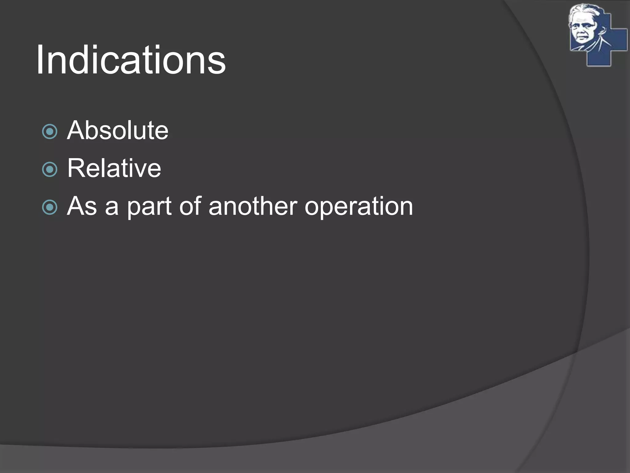 Indications
 Absolute
 Relative
 As a part of another operation
 