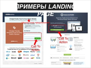 ПРИМЕРЫ LANDING
PAGE
Ценностное предложение

Call To
Action
Call To
Action

 