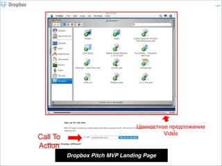 Call To
Action

Ценностное предложение)
Video

Dropbox Pitch MVP Landing Page

 