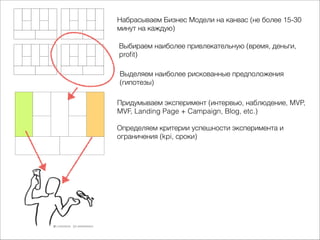Набрасываем Бизнес Модели на канвас (не более 15-30
минут на каждую)
Выбираем наиболее привлекательную (время, деньги,
proﬁt)
Выделяем наиболее рискованные предположения
(гипотезы)
Придумываем эксперимент (интервью, наблюдение, MVP,
MVF, Landing Page + Campaign, Blog, etc.)
Определяем критерии успешности эксперимента и
ограничения (kpi, сроки)

 