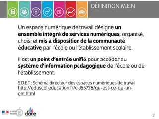 Un espace numérique de travail désigne un 
ensemble intégré de services numériques, organisé, 
choisi et mis à disposition de la communauté 
éducative par l’école ou l’établissement scolaire. 
Il est un point d’entrée unifié pour accéder au 
système d’information pédagogique de l’école ou de 
l’établissement. 
S.D.E.T : Schéma directeur des espaces numériques de travail 
http://eduscol.education.fr/cid55726/qu-est-ce-qu-un-ent. 
html 
DÉFINITION M.E.N 
2 
 