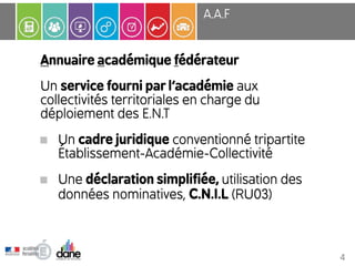 A.A.F 
Annuaire académique fédérateur 
Un service fourni par l’académie aux 
collectivités territoriales en charge du 
déploiement des E.N.T 
Un cadre juridique conventionné tripartite 
Établissement-Académie-Collectivité 
Une déclaration simplifiée, utilisation des 
données nominatives, C.N.I.L (RU03) 
4 
 