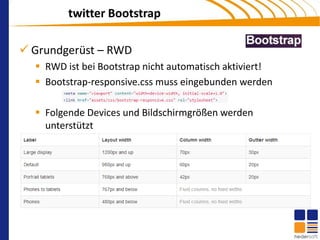 twitter Bootstrap

 Grundgerüst – RWD
   RWD ist bei Bootstrap nicht automatisch aktiviert!
   Bootstrap-responsive.css muss eingebunden werden

   Folgende Devices und Bildschirmgrößen werden
    unterstützt
 