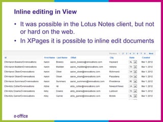Inline editing in View
• It was possible in the Lotus Notes client, but not
  or hard on the web.
• In XPages it is possible to inline edit documents
 