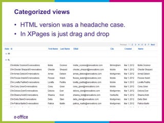 Categorized views

• HTML version was a headache case.
• In XPages is just drag and drop
 