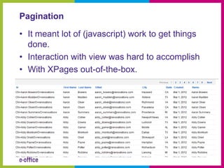Pagination

• It meant lot of (javascript) work to get things
  done.
• Interaction with view was hard to accomplish
• With XPages out-of-the-box.
 