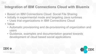 © 2015 IBM Corporation
Integration of IBM Connections Cloud with Bluemix
● Based on IBM Connections Cloud: Social File Sha...