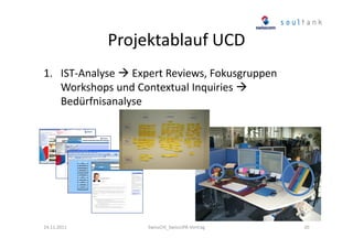 Projektablauf UCD
1. IST-Analyse Expert Reviews, Fokusgruppen
Workshops und Contextual Inquiries
Bedürfnisanalyse

24.11.2011

SwissCHI_SwissUPA-Vortrag

20

 