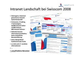 Intranet Landschaft bei Swisscom 2008
• Heterogene, historisch
gewachsene Intranet
Systemlandschaft
• 9 Intranets, 2-6 jährig,
7 Technologien,
50‘000 Intranet Seiten
15’000 Enduser,
600 Intranet Autoren
• fehlende Gesamtinformationsarchitektur,
keine einheitliche
Benutzerführung
• keine übergreifend
funktionierende Suche
• zu viele und z.T. veraltete
Informationen
•…

= unzufriedene Benutzer
24.11.2011

SwissCHI_SwissUPA-Vortrag

6

 