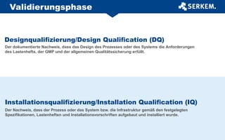 Validierungsphase
Designqualifizierung/Design Qualification (DQ)
Installationsqualifizierung/Installation Qualification (IQ)
Der dokumentierte Nachweis, dass das Design des Prozesses oder des Systems die Anforderungen
des Lastenhefts, der GMP und der allgemeinen Qualitätssicherung erfüllt.
Der Nachweis, dass der Prozess oder das System bzw. die Infrastruktur gemäß den festgelegten
Spezifikationen, Lastenheften und Installationsvorschriften aufgebaut und installiert wurde.
 