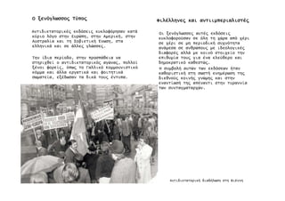 ΟΟΟΟ ξενόγλωσσο̋ξενόγλωσσο̋ξενόγλωσσο̋ξενόγλωσσο̋ Τύπο̋Τύπο̋Τύπο̋Τύπο̋
Αντιδικτατορικέ̋ εκδόσει̋ κυκλοφόρησαν κατά
κύριο λόγο στην Ευρώπη, στην Αµερική, στην
Αυστραλία και τη Σοβιετική Ένωση, στα
ελληνικά και σε άλλε̋ γλώσσε̋.
Την ίδια περίοδο, στην προσπάθεια να
στηριχθεί ο αντιδικτατορικό̋ αγώνα̋, πολλοί
ξένοι φορεί̋, όπω̋ το Γαλλικό Κοµµουνιστικό
κόµµα και άλλα εργατικά και φοιτητικά
σωµατεία, εξέδωσαν τα δικά του̋ έντυπα.
Φιλέλληνε̋Φιλέλληνε̋Φιλέλληνε̋Φιλέλληνε̋ καικαικαικαι αντιιµπεριαλιστέ̋αντιιµπεριαλιστέ̋αντιιµπεριαλιστέ̋αντιιµπεριαλιστέ̋
Οι ξενόγλωσσε̋ αυτέ̋ εκδόσει̋
κυκλοφορούσαν σε όλη τη χώρα από χέρι
σε χέρι σε µη περιοδική συχνότητα
ανάµεσα σε ανθρώπου̋ µε ιδεολογικέ̋
διαφορέ̋ αλλά µε κοινό στοιχείο την
επιθυµία του̋ για ένα ελεύθερο και
δηµοκρατικό καθεστώ̋.
Η συµβολή αυτών των εκδόσεων ήταν
καθοριστική στη σωστή ενηµέρωση τη̋
διεθνού̋ κοινή̋ γνώµη̋ και στην
εναντίωσή τη̋ απέναντι στην τυραννία
των συνταγµαταρχών.
Αντιδικτατορική διαδήλωση στη Βιέννη
 