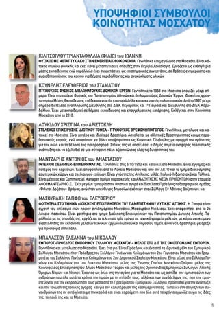 ΚΙΛΙΤΣΟΓΛΟΥ ΤΡΙΑΝΤΑΦΥΛΛΙΑ (ΦΙΛΙΩ) του ΙΩΑΝΝΗ
ΦΥΣΙΚΟΣ ΜΕ ΜΕΤΑΠΤΥΧΙΑΚΟ ΣΤΗΝ ΕΝΕΡΓΕΙΑΚΗ ΟΙΚΟΝΟΜΙΑ. Γεννήθηκε και μεγάλωσε στο Μοσχάτο. Είναι κά-
τοχος πτυχίου φυσικής και έχει κάνει μεταπτυχιακές σπουδές στην Περιβαλλοντολογία. Εργάζεται ως καθηγήτρια
μέσης εκπαίδευσης ενώ παράλληλα έχει συμμετάσχει, ως επιστημονικός συνεργάτης, σε δράσεις ενημέρωσης και
ευαισθητοποίησης του κοινού για θέματα περιβάλλοντος και ανακύκλωσης υλικών.
ΚΟΥΝΕΛΗΣ ΕΛΕΥΘΕΡΙΟΣ του ΣΤΑΜΑΤΙΟΥ
ΠΤΥΧΙΟΥΧΟΣ ΦΥΣΙΚΟΣ ΔΙΠΛΩΜΑΤΟΥΧΟΣ ΔΟΜΙΚΩΝ ΕΡΓΩΝ. Γεννήθηκε το 1958 στο Μοσχάτο όπου ζει μέχρι σή-
μερα. Είναι πτυχιούχος Φυσικός του Πανεπιστημίου Αθηνών και διπλωματούχος Δομικών Έργων. Ιδιοκτήτης φρον-
τιστηρίου Μέσης Εκπαίδευσης επί δεκαπενταετία και παράλληλα κατασκευαστής πολυκατοικιών. Από το 1997 μέχρι
σήμερα διετέλεσε Αναπληρωτής Διευθυντής στα ΔΙΕΚ Περάματος και 1ο
Πειραιά και Διευθυντής στο ΔΙΕΚ Κορυ-
δαλλού. Έχει μετεκπαιδευτεί σε θέματα εκπαίδευσης και επαγγελματικής κατάρτισης. Εκλέγεται στην Κοινότητα
Μοσχάτου από το 2010.
ΛΟΥΚΙΔΟΥ ΧΡΙΣΤΙΝΑ του ΑΡΙΣΤΟΚΛΗ
ΣΤΕΛΕΧΟΣ ΕΠΙΧΕΙΡΗΣΗΣ ΙΔΙΩΤΙΚΟΥ ΤΟΜΕΑ - ΠΤΥΧΙΟΥΧΟΣ ΒΡΕΦΟΝΗΠΙΑΓΩΓΟΣ. Γεννήθηκε, μεγάλωσε και κα-
τοικεί στο Μοσχάτο. Είναι μητέρα και ιδιαίτερα δραστήρια. Ασχολείται με αθλητικές δραστηριότητες και με παρα-
δοσιακούς χορούς, ενώ αποφάσισε να βάλει υποψηφιότητα ως Κοινοτική Σύμβουλος με αφορμή την αγάπη της
για την πόλη και τη θέλησή της για προσφορά. Στόχος της να αποτελέσει ο Δήμος σημείο αναφοράς πολιτιστικής
ανάπτυξης και να εξελιχθεί σε μία σύγχρονη πόλη αξιοποιώντας όλες τις δυνατότητες του.
ΜΑΝΤΖΑΡΗΣ ΑΝΤΩΝΙΟΣ του ΑΝΑΣΤΑΣΙΟΥ
INTERIOR DESIGNER-ΕΠΙΧΕΙΡΗΜΑΤΙΑΣ. Γεννήθηκε στις 6/10/1952 και κατοικεί στο Μοσχάτο. Είναι έγγαμος και
πατέρας δύο κοριτσιών. Έχει αποφοιτήσει από το Λύκειο Μοσχάτου και από την ΑΚΤΟ και το τμήμα διακόσμησης
εσωτερικών χώρων και σχεδιασμού επίπλων. Είναι γνώστης της Αγγλικής, μιλάει Ιταλικά-Ινδονησιακά και Γαλλικά.
Είναι μέτοχος και Commercial Manager (τμήμα παρασκευής και ΑΝΑΖΗΤΗΣΗΣ ΝΕΩΝ ΠΡΟΪΟΝΤΩΝ) στην εταιρεία
ΑΦΟΙ ΜΑΝΤΖΑΡΗ Ο.Ε.. Έχει μεγάλη εμπειρία στην ασιατική αγορά και διετέλεσε Πρόεδρος ποδοσφαιρικής ομάδας
«Φιλιποι Δοξάτου» Δράμας, ενώ ήταν υπεύθυνος δημοσίων σχέσεων στον Σύλλογο Εν Αθήναις Δοξατινων, κα.
ΜΑΣΟΥΡΑΚΗ ΣΑΠΦΩ του ΕΛΕΥΘΕΡΙΟΥ
ΦΟΙΤΗΤΡΙΑ ΣΤΟ ΤΜΗΜΑ ΔΙΟΙΚΗΣΗΣ ΕΠΙΧΕΙΡΗΣΕΩΝ ΤΟΥ ΠΑΝΕΠΙΣΤΗΜΙΟΥ ΔΥΤΙΚΗΣ ΑΤΤΙΚΗΣ. Η Σαπφώ είναι
εγγονή του επί σειρά ετών πρώην αντιδημάρχου Μοσχάτου, Μασουράκη Νικόλαου. Έχει αποφοιτήσει από το 2ο
Λύκειο Μοσχάτου. Είναι φοιτήτρια στο τμήμα Διοίκησης Επιχειρήσεων του Πανεπιστημίου Δυτικής Αττικής. Πα-
ράλληλα με τις σπουδές της, εργάζεται τα τελευταία τρία χρόνια σε τεχνικό γραφείο μελετών, με κύριο αντικείμενο
ενασχόλησης την εκπόνηση μελετών τεχνικών έργων ιδιωτικού και δημοσίου τομέα. Είναι νέα, δραστήρια, με όρεξη
για προσφορά στην πόλη. 
ΜΠΑΛΑΣΣΟΥ ΕΛΕΑΝΝΑ του ΝΙΚΟΛΑΟΥ
ΕΜΠΟΡΟΣ-ΠΡΟΕΔΡΟΣ ΕΜΠΟΡΙΚΟΥ ΣΥΛΛΟΓΟΥ ΜΟΣΧΑΤΟΥ - ΜΕΛΟΣ ΣΤΟ Δ.Σ ΤΗΣ ΟΜΟΣΠΟΝΔΙΑΣ ΕΜΠΟΡΩΝ.
Γεννήθηκε και μεγάλωσε στο Μοσχάτο. Έχει ένα γιο. Είναι Πρόεδρος και ένα από τα ιδρυτικά μέλη του Εμπορικού
Συλλόγου Μοσχάτου, ήταν Πρόεδρος του Συλλόγου Γονέων και Κηδεμόνων του 2ου Γυμνασίου Μοσχάτου και Γραμ-
ματέας του Συλλόγου Γονέων και Κηδεμόνων του 2ου Δημοτικού Σχολείου Μοσχάτου. Είναι μέλος στο Σύλλογο Γο-
νέων και Κηδεμόνων του 1ου Λυκείου Μοσχάτου, μέλος της Ένωσης Γονέων Μοσχάτου-Ταύρου, μέλος της
Κοινωφελούς Επιχείρησης του Δήμου Μοσχάτου-Ταύρου και μέλος της Ομοσπονδίας Εμπορικών Συλλόγων Αττικής
Όμορων Νομών και Νήσων. Έχοντας ως όπλο της την αγάπη για το Μοσχάτο και ως ασπίδα την εμπιστοσύνη των
ανθρώπων που όλα αυτά τα χρόνια την τιμούν με τη στήριξη τους, αλλά και των συνάδελφων της, που την εμπι-
στεύονται για την εκπροσώπηση τους μέσα από τη Προεδρία του Εμπορικού Συλλόγου, προσπαθεί για την ανάπτυξη
και την τόνωση της τοπικής αγοράς και για την καλυτέρευση της καθημερινότητας. Πιστεύει στη στήριξη των συ-
νανθρώπων της αν αυτό γίνεται με την καρδιά και είναι χαρούμενη που όλα αυτά τα χρόνια αγωνίζεται για τις ιδέες
της, το παιδί της και το Μοσχάτο.
15
ΥΠΟΨΗΦΙΟΙ ΣΥΜΒΟΥΛΟΙ
ΚΟΙΝΟΤΗΤΑΣ ΜΟΣΧΑΤΟΥ
 