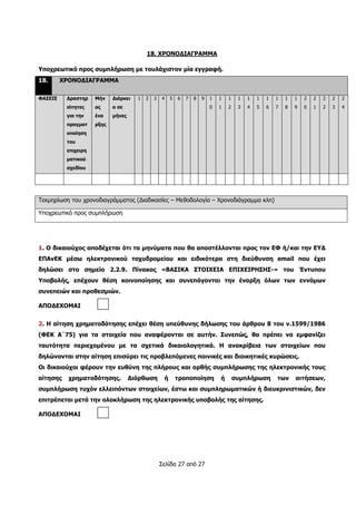Σελίδα 27 από 27
18. ΧΡΟΝΟΔΙΑΓΡΑΜΜΑ
Υποχρεωτικό προς συμπλήρωση με τουλάχιστον μία εγγραφή.
18. ΧΡΟΝΟΔΙΑΓΡΑΜΜΑ
ΦΑΣΕΙΣ Δραστηρ
ιότητες
για την
πραγματ
οποίηση
του
επιχειρη
ματικού
σχεδίου
Μήν
ας
ένα
ρξης
Διάρκει
α σε
μήνες
1 2 3 4 5 6 7 8 9 1
0
1
1
1
2
1
3
1
4
1
5
1
6
1
7
1
8
1
9
2
0
2
1
2
2
2
3
2
4
Τεκμηρίωση του χρονοδιαγράμματος (Διαδικασίες – Μεθοδολογία – Χρονοδιάγραμμα κλπ)
Υποχρεωτικό προς συμπλήρωση
1. Ο δικαιούχος αποδέχεται ότι τα μηνύματα που θα αποστέλλονται προς τον ΕΦ ή/και την ΕΥΔ
ΕΠΑνΕΚ μέσω ηλεκτρονικού ταχυδρομείου και ειδικότερα στη διεύθυνση email που έχει
δηλώσει στο σημείο 2.2.9. Πίνακας «ΒΑΣΙΚΑ ΣΤΟΙΧΕΙΑ ΕΠΙΧΕΙΡΗΣΗΣ-» του Έντυπου
Υποβολής, επέχουν θέση κοινοποίησης και συνεπάγονται την έναρξη όλων των εννόμων
συνεπειών και προθεσμιών.
ΑΠΟΔΕΧΟΜΑΙ
2. Η αίτηση χρηματοδότησης επέχει θέση υπεύθυνης δήλωσης του άρθρου 8 του ν.1599/1986
(ΦΕΚ Α΄75) για τα στοιχεία που αναφέρονται σε αυτήν. Συνεπώς, θα πρέπει να εμφανίζει
ταυτότητα περιεχομένου με τα σχετικά δικαιολογητικά. Η ανακρίβεια των στοιχείων που
δηλώνονται στην αίτηση επισύρει τις προβλεπόμενες ποινικές και διοικητικές κυρώσεις.
Οι δικαιούχοι φέρουν την ευθύνη της πλήρους και ορθής συμπλήρωσης της ηλεκτρονικής τους
αίτησης χρηματοδότησης. Διόρθωση ή τροποποίηση ή συμπλήρωση των αιτήσεων,
συμπλήρωση τυχόν ελλειπόντων στοιχείων, έστω και συμπληρωματικών ή διευκρινιστικών, δεν
επιτρέπεται μετά την ολοκλήρωση της ηλεκτρονικής υποβολής της αίτησης.
ΑΠΟΔΕΧΟΜΑΙ
 