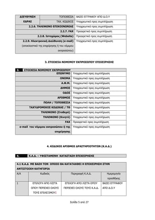 Σελίδα 5 από 27
ΔΙΕΥΘΥΝΣΗ
ΕΔΡΑΣ
ΤΟΠΟΘΕΣΙΑ ΒΑΣΕΙ ΕΓΓΡΑΦΟΥ ΑΠΟ Δ.Ο.Υ
ΤΑΧ. ΚΩΔΙΚΟΣ Υποχρεωτικό προς συμπλήρωση
2.2.6. ΤΗΛΕΦΩΝΟ ΕΠΙΚΟΙΝΩΝΙΑΣ Υποχρεωτικό προς συμπλήρωση
2.2.7. FAX Προαιρετικό προς συμπλήρωση
2.2.8. Ιστοχώρος (Website) Προαιρετικό προς συμπλήρωση
2.2.9. Ηλεκτρονική Διεύθυνση (e-mail)
(αποκλειστικά της επιχείρησης ή του νόμιμου
εκπροσώπου)
Υποχρεωτικό προς συμπλήρωση
3. ΣΤΟΙΧΕΙΑ ΝΟΜΙΜΟΥ ΕΚΠΡΟΣΩΠΟΥ ΕΠΙΧΕΙΡΗΣΗΣ
3. ΣΤΟΙΧΕΙΑ ΝΟΜΙΜΟΥ ΕΚΠΡΟΣΩΠΟΥ
ΕΠΩΝΥΜΟ Υποχρεωτικό προς συμπλήρωση
ΟΝΟΜΑ Υποχρεωτικό προς συμπλήρωση
Α.Φ.Μ. Υποχρεωτικό προς συμπλήρωση
ΔΗΜΟΣ Υποχρεωτικό προς συμπλήρωση
ΟΔΟΣ Υποχρεωτικό προς συμπλήρωση
ΑΡΙΘΜΟΣ Υποχρεωτικό προς συμπλήρωση
ΠΟΛΗ / ΤΟΠΟΘΕΣΙΑ Υποχρεωτικό προς συμπλήρωση
ΤΑΧΥΔΡΟΜΙΚΟΣ ΚΩΔΙΚΑΣ / ΤΘ Υποχρεωτικό προς συμπλήρωση
ΤΗΛΕΦΩΝΟ (Σταθερό) Υποχρεωτικό προς συμπλήρωση
ΤΗΛΕΦΩΝΟ (Κινητό) Υποχρεωτικό προς συμπλήρωση
FAX Προαιρετικό προς συμπλήρωση
e-mail του νόμιμου εκπροσώπου ή της
επιχείρησης
Υποχρεωτικό προς συμπλήρωση
4. ΚΩΔΙΚΟΙ ΑΡΙΘΜΟΙ ΔΡΑΣΤΗΡΙΟΤΗΤΩΝ (Κ.Α.Δ.)
4. Κ.Α.Δ. – ΥΦΙΣΤΑΜΕΝΗ ΚΑΤΑΣΤΑΣΗ ΕΠΙΧΕΙΡΗΣΗΣ
4.1 Κ.Α.Δ ΜΕ ΒΑΣΗ ΤΟΝ ΟΠΟΙΟ ΘΑ ΚΑΤΑΤΑΧΘΕΙ Η ΕΠΙΧΕΙΡΗΣΗ ΣΤΗΝ
ΑΝΤΙΣΤΟΙΧΗ ΚΑΤΗΓΟΡΙΑ
Α/Α Κωδικός Περιγραφή Κ.Α.Δ. Ημερομηνία
προσθήκης
1 ΕΠΙΛΟΓΗ ΑΠΟ ΛΙΣΤΑ
ΟΠΟΥ ΠΕΡΙΕΧΕΙ ΟΛΟΥΣ
ΤΟΥΣ ΕΠΙΛΕΞΙΜΟΥΣ
ΕΠΙΛΟΓΗ ΑΠΟ ΛΙΣΤΑ ΟΠΟΥ
ΠΕΡΙΕΧΕΙ ΟΛΟΥΣ ΤΟΥΣ Κ.Α.Δ.
ΒΑΣΕΙ ΕΓΓΡΑΦΟΥ
ΑΠΟ Δ.Ο.Υ
 
