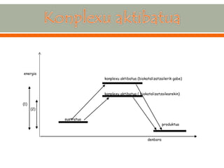 energia 
konplexu aktibatua (biokatalizatzailerik gabe) 
konplexu aktibatua ( biokatalizatzailearekin) 
(1) 
(2) 
sustratua 
produktua 
denbora 
 