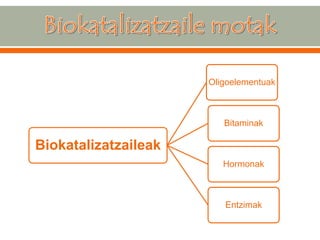 Biokatalizatzaileak 
Oligoelementuak 
Bitaminak 
Hormonak 
Entzimak  