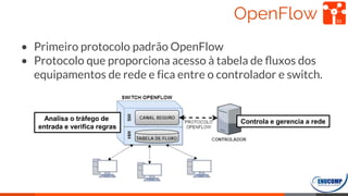 OpenFlow
• Primeiro protocolo padrão OpenFlow
• Protocolo que proporciona acesso à tabela de ﬂuxos dos
equipamentos de rede e fica entre o controlador e switch.
33
Analisa o tráfego de
entrada e veriﬁca regras
Controla e gerencia a rede
 