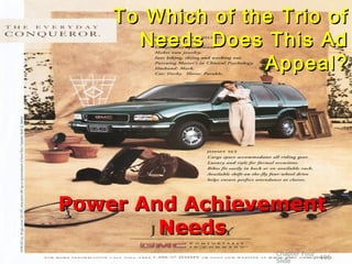 To Which of the Trio of
      Needs Does This Ad
                  Appeal?




Power And Achievement
        Needs
                   Chapter Four
                                106
                   Slide
 