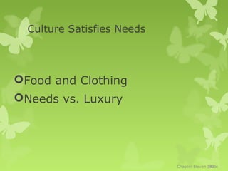 Culture Satisfies Needs




Food and Clothing
Needs vs. Luxury




                            Chapter Eleven 142
                                            Slide
 