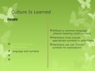 Culture Is Learned
Issues

                          Without a common language
                           ,shared meaning could not exist
                          Marketers must choose
                           appropriate symbols in advertising
 Enculturation and       Marketers can use “known”
  acculturation            symbols for associations
 Language and symbols
 Ritual
 Sharing of culture
 