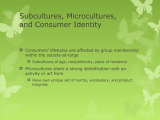 Subcultures, Microcultures,
and Consumer Identity


 Consumers’ lifestyles are affected by group membership
  within the society-at-large
    Subcultures of age, race/ethnicity, place of residence
 Microcultures share a strong identification with an
  activity or art form
    Have own unique set of norms, vocabulary, and product
     insignias
 