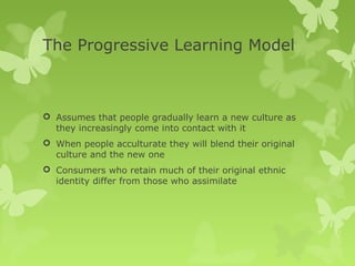 The Progressive Learning Model



 Assumes that people gradually learn a new culture as
  they increasingly come into contact with it
 When people acculturate they will blend their original
  culture and the new one
 Consumers who retain much of their original ethnic
  identity differ from those who assimilate
 