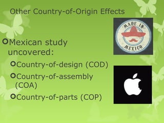 Other Country-of-Origin Effects



Mexican study
 uncovered:
 Country-of-design (COD)
 Country-of-assembly
  (COA)
 Country-of-parts (COP)
 