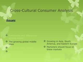 Cross-Cultural Consumer Analysis

Issues


 Similarities and differences
  among people
 The growing global middle       Growing in Asia, South
  class                            America, and Eastern Europe
 The global teen market          Marketers should focus on
                                   these markets
 Acculturation
 