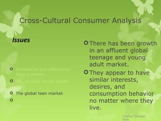 Cross-Cultural Consumer Analysis

 Issues                           There has been growth
                                   in an affluent global
                                   teenage and young
                                   adult market.
 Similarities and differences
  among people                    They appear to have
 The growing global middle        similar interests,
  class                            desires, and
 The global teen market           consumption behavior
 Acculturation                    no matter where they
                                   live.
                                             Chapter Thirteen
                                             Slide
 