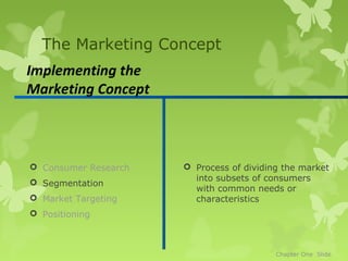 The Marketing Concept
Implementing the
Marketing Concept



 Consumer Research    Process of dividing the market
                        into subsets of consumers
 Segmentation
                        with common needs or
 Market Targeting      characteristics
 Positioning



                                          Chapter One Slide
 