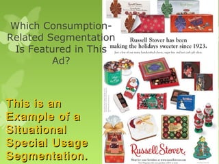 Which Consumption-
Related Segmentation
 Is Featured in This
         Ad?



This is an
Example of a
Situational
Special Usage
Segmentation.
 