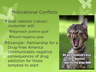 Motivational Conflicts

 Goal valence (value):
  consumer will:
   Approach positive goal
   Avoid negative goal
 Example: Partnership for a
  Drug-Free America
  communicates negative
  consequences of drug
  addiction for those
  tempted to start
 