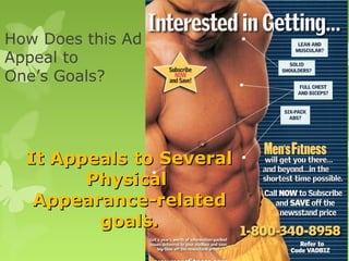 How Does this Ad
Appeal to
One’s Goals?




  It Appeals to Several
        Physical
   Appearance-related
         goals.
 