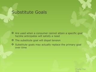 Substitute Goals



 Are used when a consumer cannot attain a specific goal
  he/she anticipates will satisfy a need
 The substitute goal will dispel tension
 Substitute goals may actually replace the primary goal
  over time




                                                   Chapter Four
                                                   Slide
 