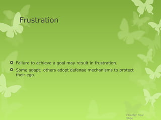 Frustration




 Failure to achieve a goal may result in frustration.
 Some adapt; others adopt defense mechanisms to protect
  their ego.




                                                         Chapter Four
                                                         Slide
 