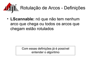 LScannable:  nó que não tem nenhum arco que chega ou todos os arcos que chegam estão rotulados Com essas definições já é possível entender o algoritmo Rotulação de Arcos - Definições 