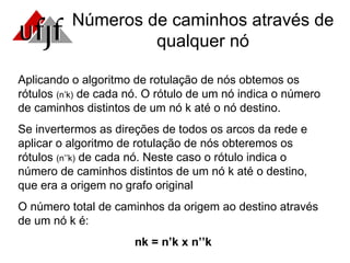 Números de caminhos através de qualquer nó Aplicando o algoritmo de rotulação de nós obtemos os rótulos  (n’k)  de cada nó. O rótulo de um nó indica o número de caminhos distintos de um nó k até o nó destino. Se invertermos as direções de todos os arcos da rede e aplicar o algoritmo de rotulação de nós obteremos os rótulos  (n’’k)  de cada nó. Neste caso o rótulo indica o número de caminhos distintos de um nó k até o destino, que era a origem no grafo original O número total de caminhos da origem ao destino através de um nó k é:   nk = n’k x n’’k 