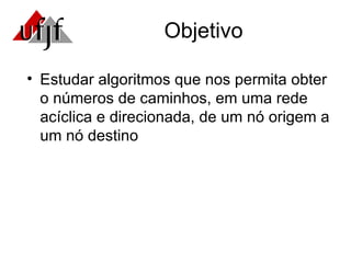 Objetivo Estudar algoritmos que nos permita obter o números de caminhos, em uma rede acíclica e direcionada, de um nó origem a um nó destino  