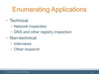 © 2019 Denim Group – All Rights Reserved
Enumerating Applications
• Technical
• Network inspection
• DNS and other registry inspection
• Non-technical
• Interviews
• Other research
29
 