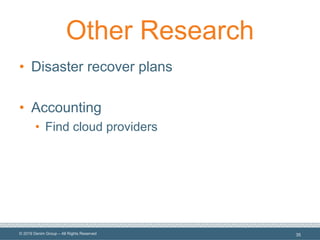 © 2019 Denim Group – All Rights Reserved
Other Research
• Disaster recover plans
• Accounting
• Find cloud providers
35
 