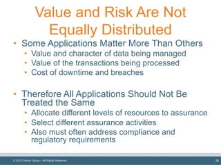© 2019 Denim Group – All Rights Reserved
Value and Risk Are Not
Equally Distributed
• Some Applications Matter More Than Others
• Value and character of data being managed
• Value of the transactions being processed
• Cost of downtime and breaches
• Therefore All Applications Should Not Be
Treated the Same
• Allocate different levels of resources to assurance
• Select different assurance activities
• Also must often address compliance and
regulatory requirements
38
 
